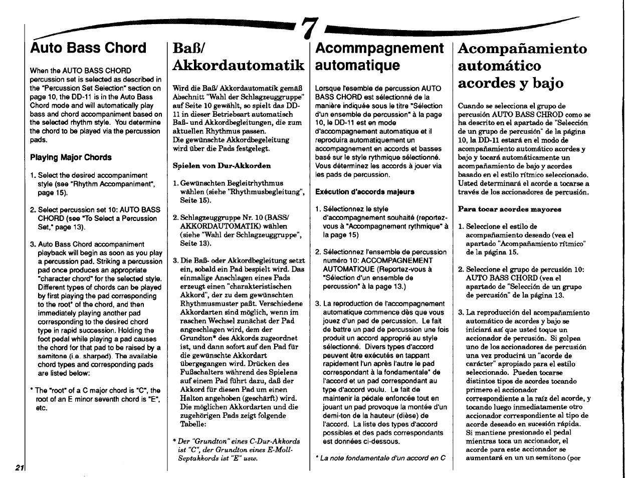 Auto bass chord, Akkordautomatik, Acommpagnement | Automatique, Exécution d'accords majeurs, Acompañamiento automático acordes y bajo, Baß/akkordautomatik, 21 baß/ akkordautomatik, Acommpagnement automatique | Yamaha DD-11 User Manual | Page 22 / 39