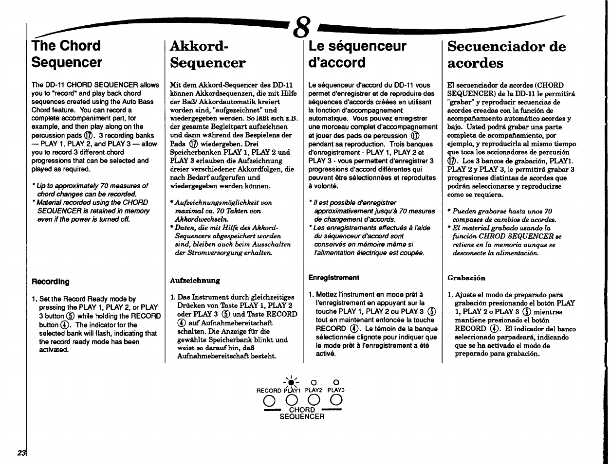 The chord sequencer, Akkord- sequencer, Le séquenceur d'accord | Enregistrement, Secuenciador de acordes, Akkord-sequencer, O o o o | Yamaha DD-11 User Manual | Page 24 / 39