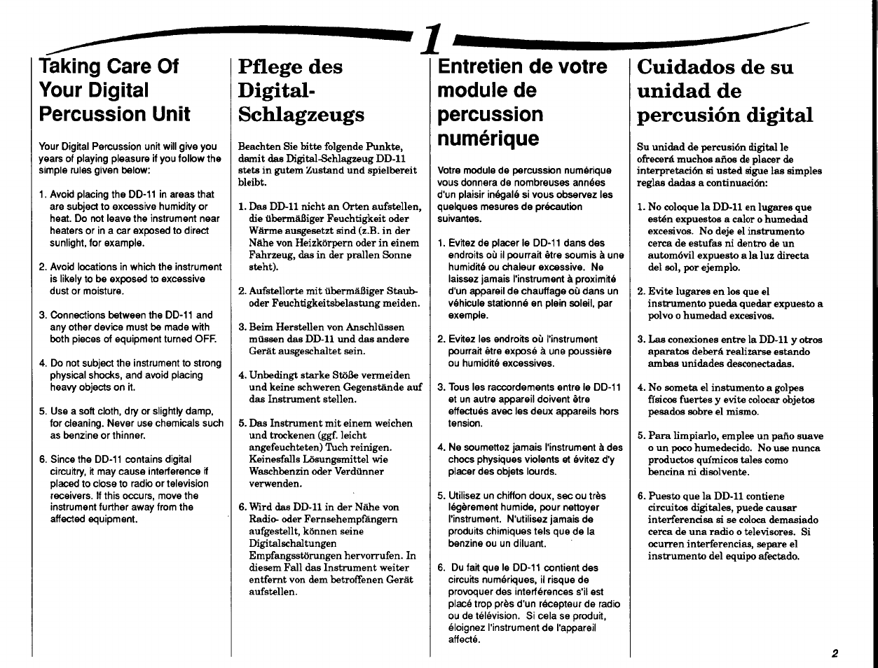Pflege des, Digital, Schlagzeugs | Cuidados de su unidad de percusión digital, Taking care of your digital percussion unit, Pflege des digital- schlagzeugs, Entretien de votre module de percussion numérique | Yamaha DD-11 User Manual | Page 3 / 39