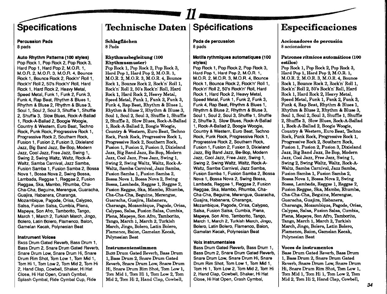 Specifications, Percussion pads, Auto rhythm patterns (100 styles) | Instrument voices, Technische daten, Spécifications, Pads de percussion, Motifs rythmiques automatiques (100 styles), Voix instrumentales, Especificaciones | Yamaha DD-11 User Manual | Page 35 / 39