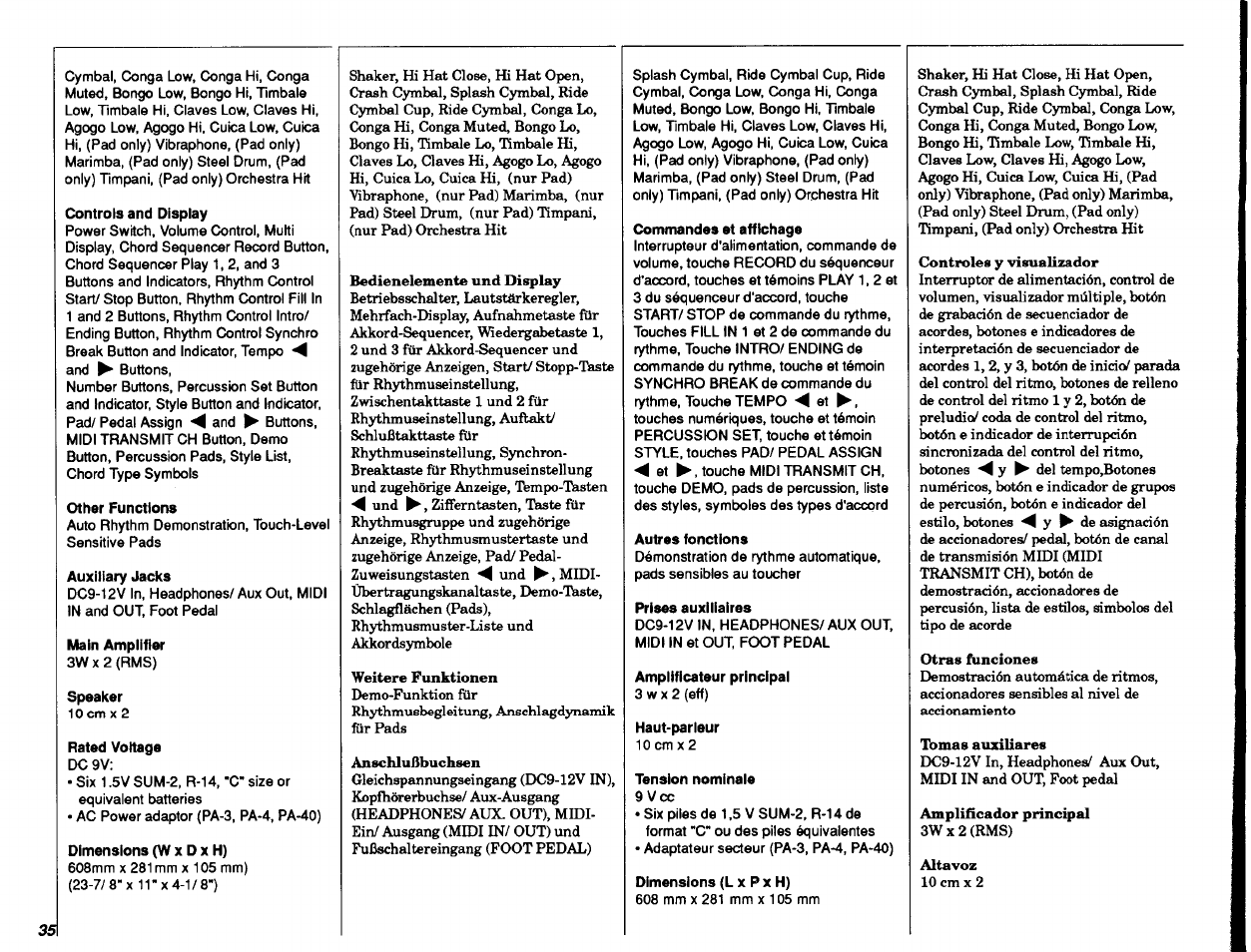 Controls and display, Other functions, Auxiliary jacks | Main amplifier, Speaker, Rated voltage, Dimensions (w x d x h), Commandes et affichage, Autres fonctions, Prises auxiliaires | Yamaha DD-11 User Manual | Page 36 / 39