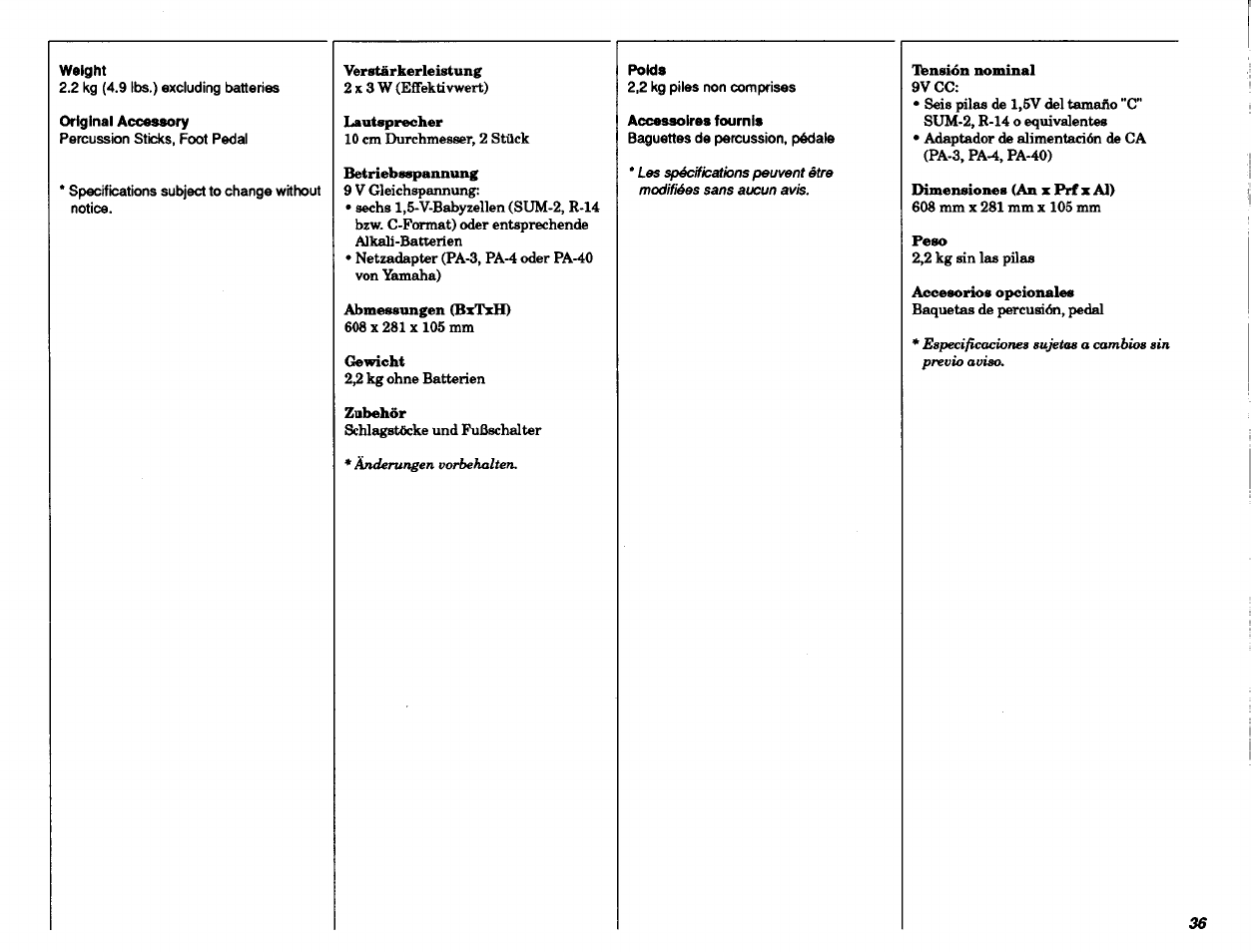 Weight, Original accessory, Poids | Accessoires fournis | Yamaha DD-11 User Manual | Page 37 / 39