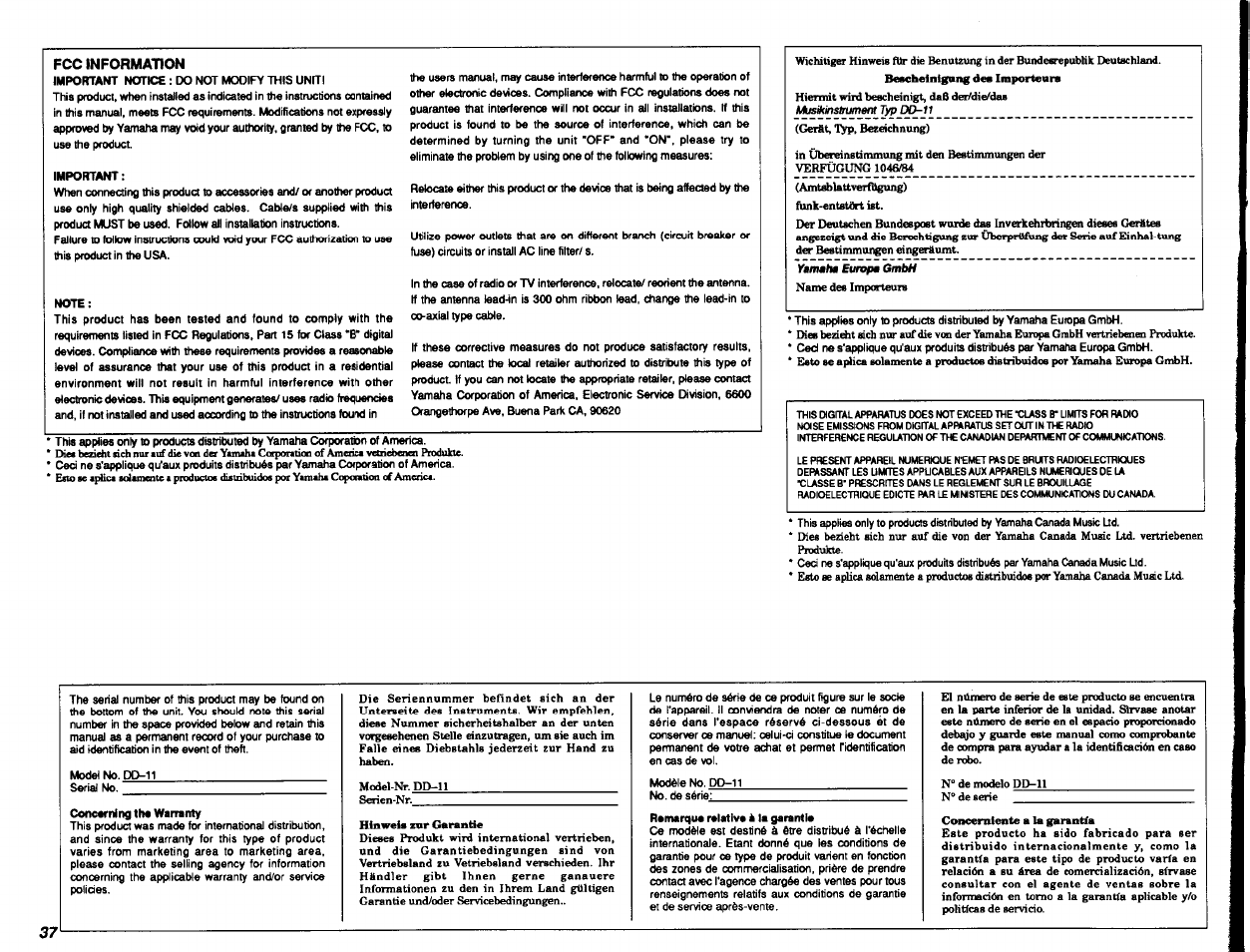 Fcc information | Yamaha DD-11 User Manual | Page 38 / 39