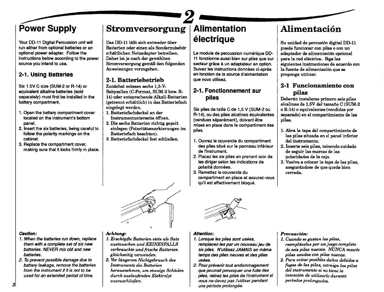 Stromversorgung, 1. batteriebetrieb, Alimentation | Électrique, Power supply, Alimentation électrique, Alimentación, 2>1. using batteries, 1. fonctionnement sur piles, 1 funcionamiento con pilas | Yamaha DD-11 User Manual | Page 4 / 39