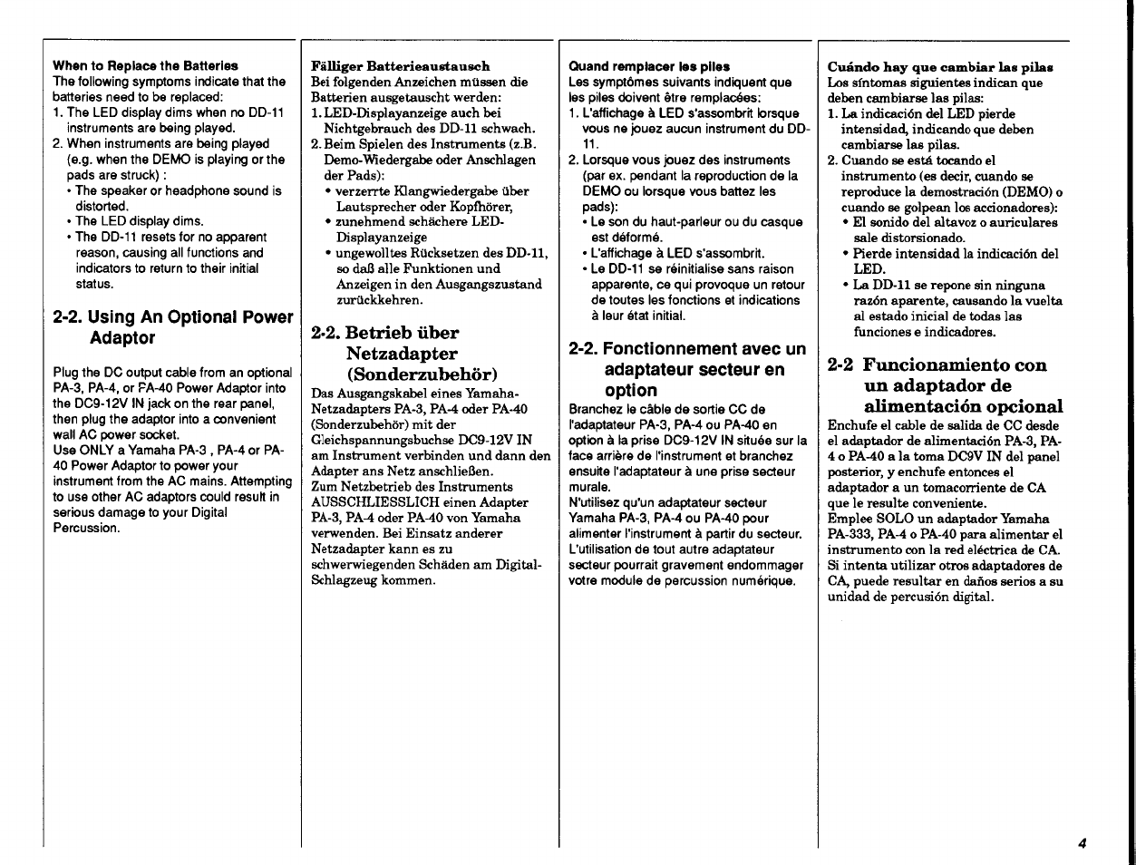 When to replace the batteries, Quand remplacer les piles, 2. using an optional power adaptor | 2. betrieb über netzadapter (sonderzubehör) | Yamaha DD-11 User Manual | Page 5 / 39