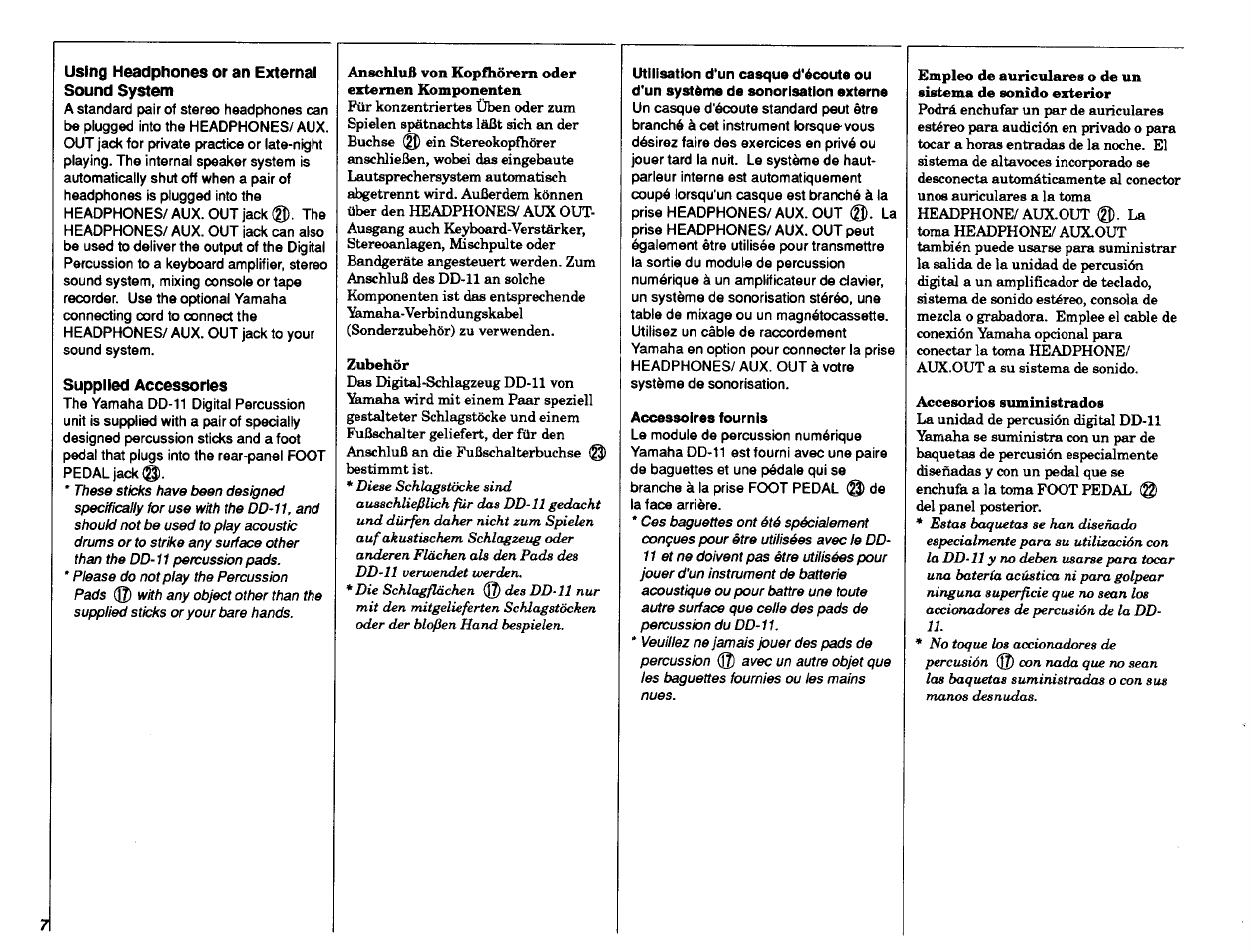 Using headphones or an external sound system, Supplied accessories, Accessoires fournis | Yamaha DD-11 User Manual | Page 8 / 39