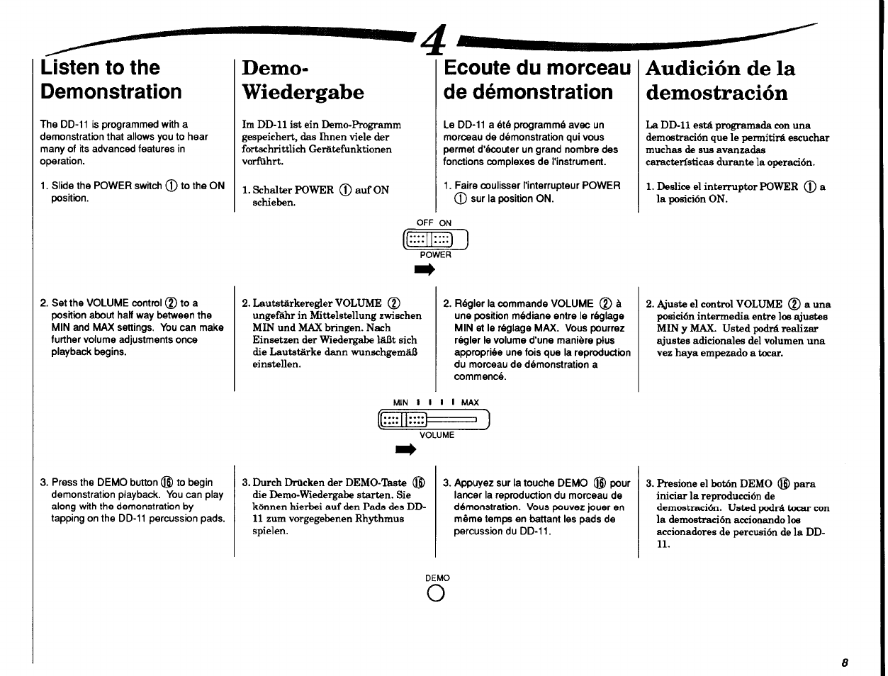 Listen to the demonstration, Demo, Wiedergabe | Ecoute du morceau de démonstration, Audición de la demostración, Demo- wiedergabe | Yamaha DD-11 User Manual | Page 9 / 39