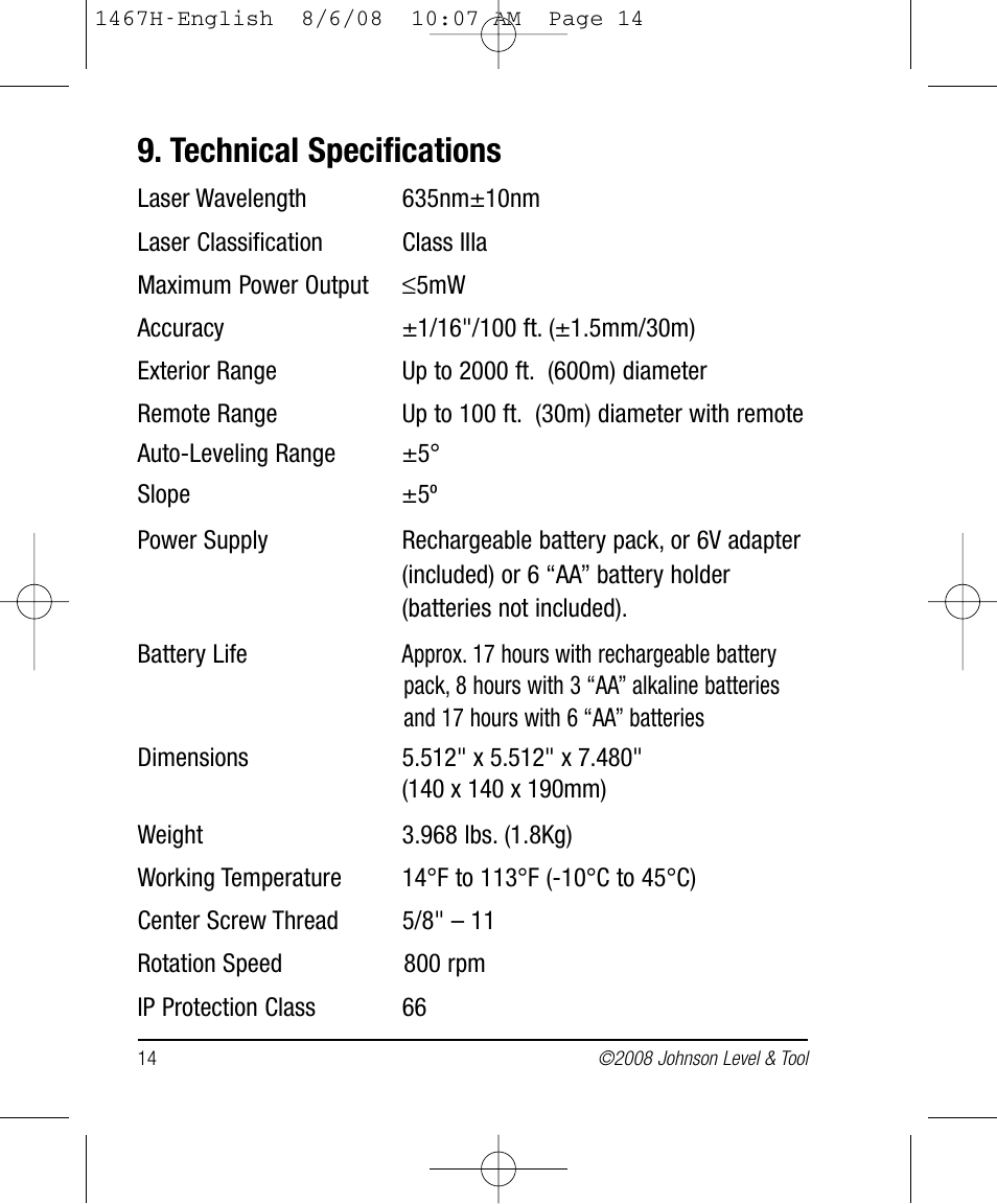 Technical specifications | Johnson Level & Tool Mfg. 40-6537 User Manual | Page 14 / 18