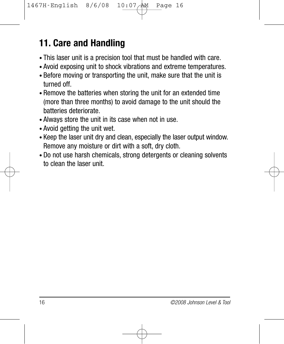 Care and handling | Johnson Level & Tool Mfg. 40-6537 User Manual | Page 16 / 18