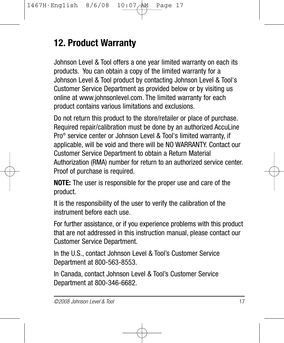 Product warranty | Johnson Level & Tool Mfg. 40-6537 User Manual | Page 17 / 18