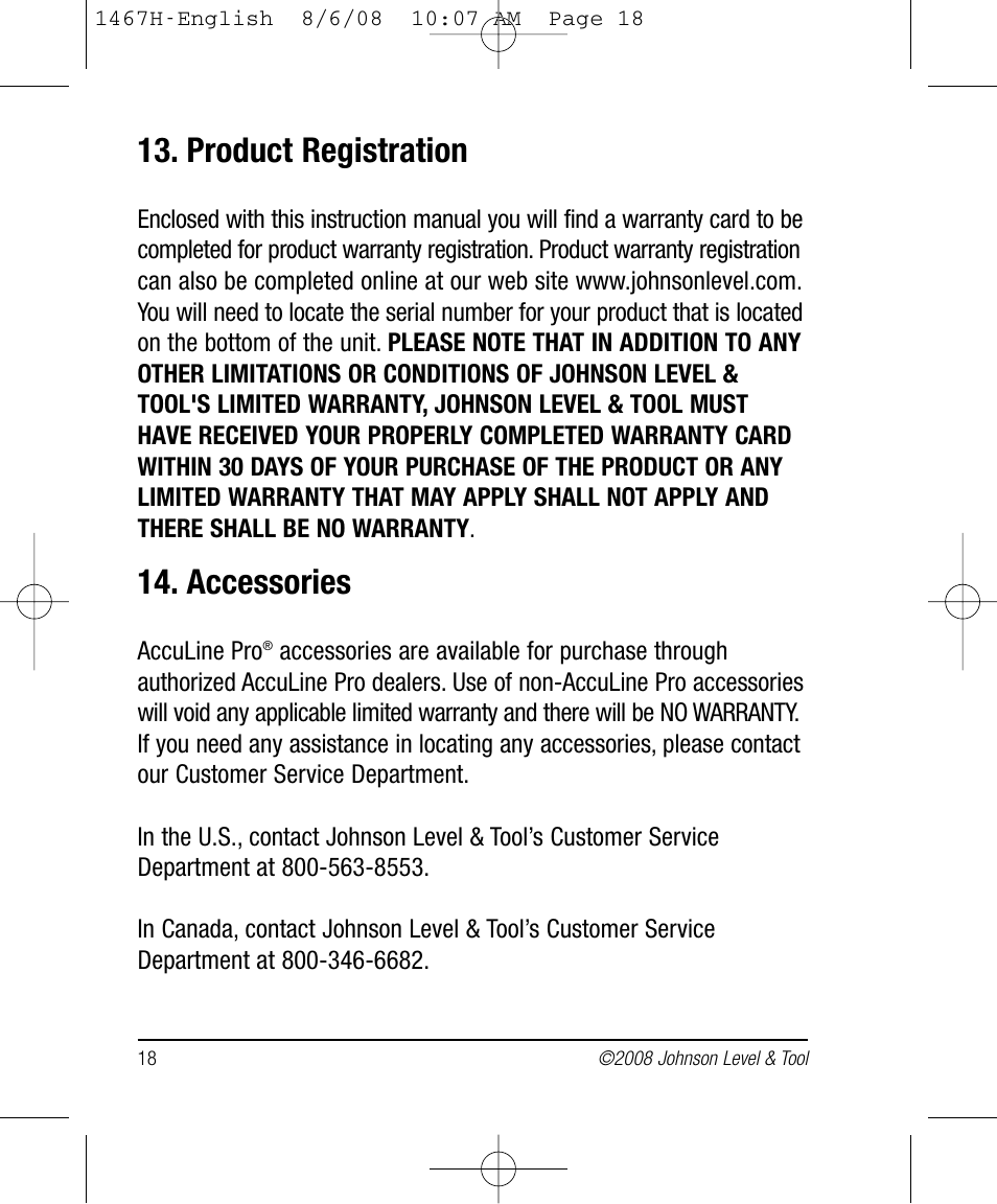 Product registration, Accessories | Johnson Level & Tool Mfg. 40-6537 User Manual | Page 18 / 18