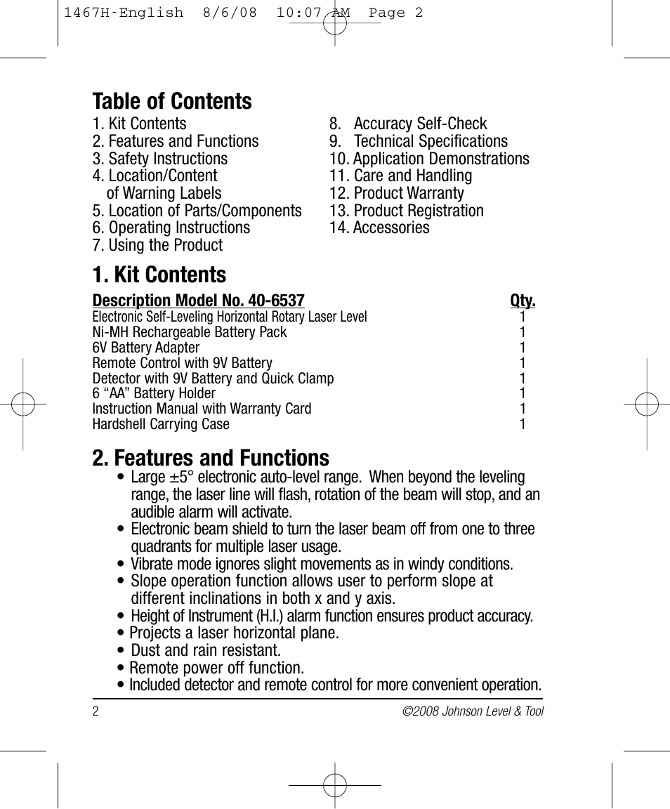 Johnson Level & Tool Mfg. 40-6537 User Manual | Page 2 / 18