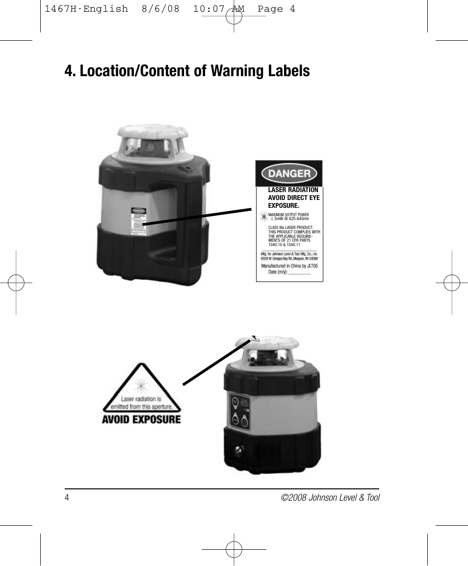 Location/content of warning labels | Johnson Level & Tool Mfg. 40-6537 User Manual | Page 4 / 18