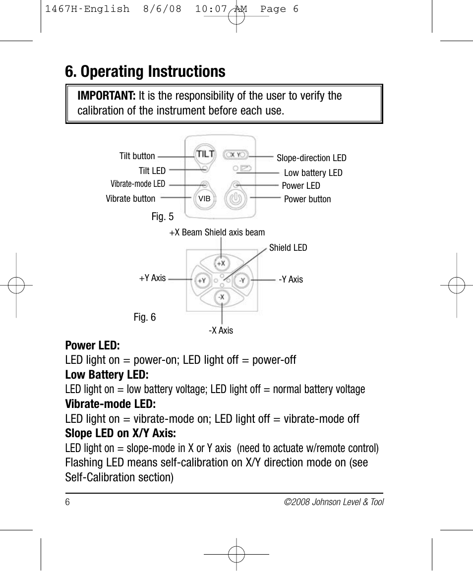 Operating instructions | Johnson Level & Tool Mfg. 40-6537 User Manual | Page 6 / 18