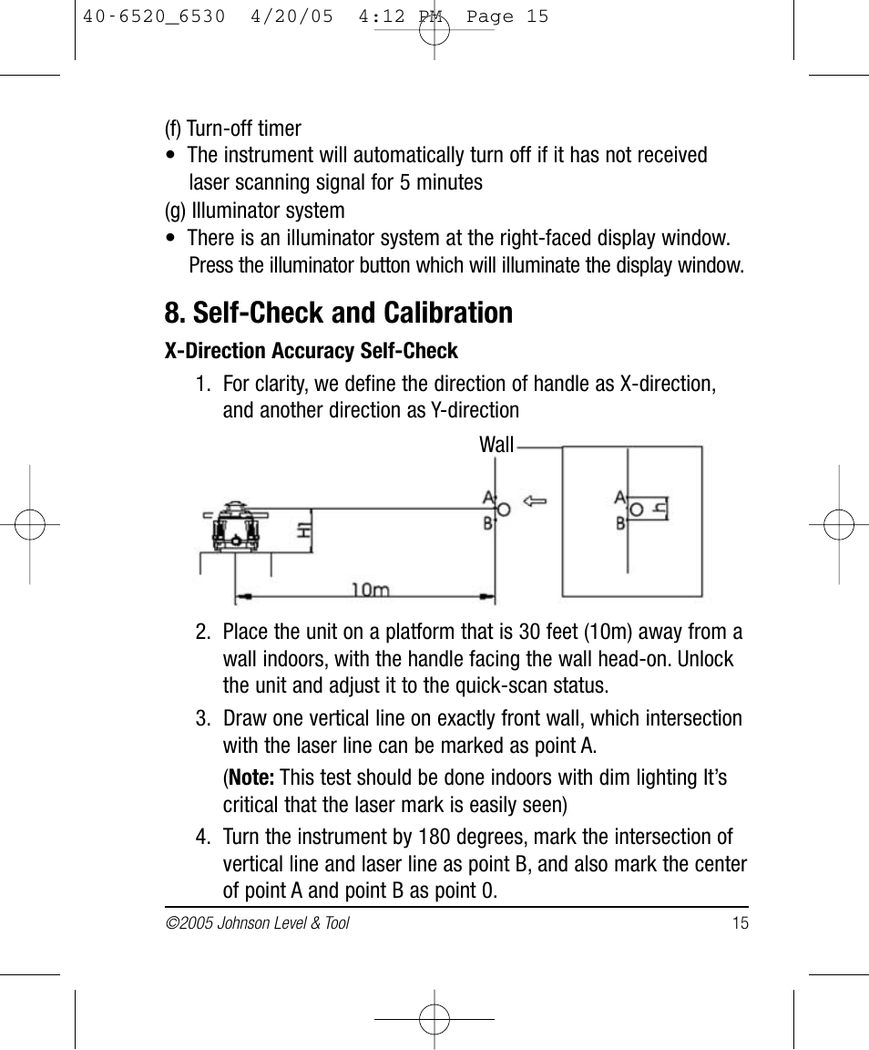 Self-check and calibration | Johnson Level & Tool Mfg. 40-6530 User Manual | Page 15 / 21