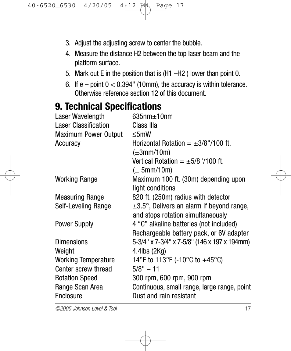 Technical specifications | Johnson Level & Tool Mfg. 40-6530 User Manual | Page 17 / 21