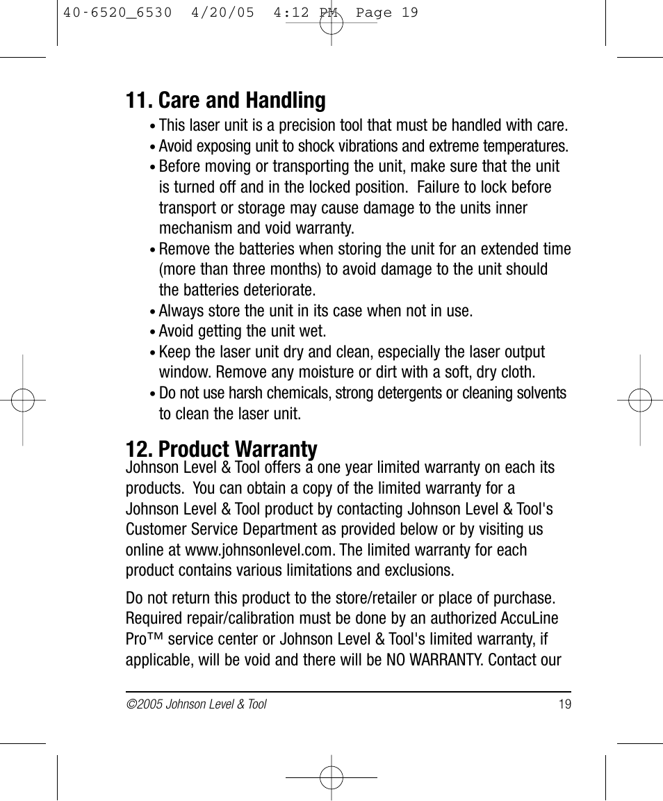 Care and handling, Product warranty | Johnson Level & Tool Mfg. 40-6530 User Manual | Page 19 / 21