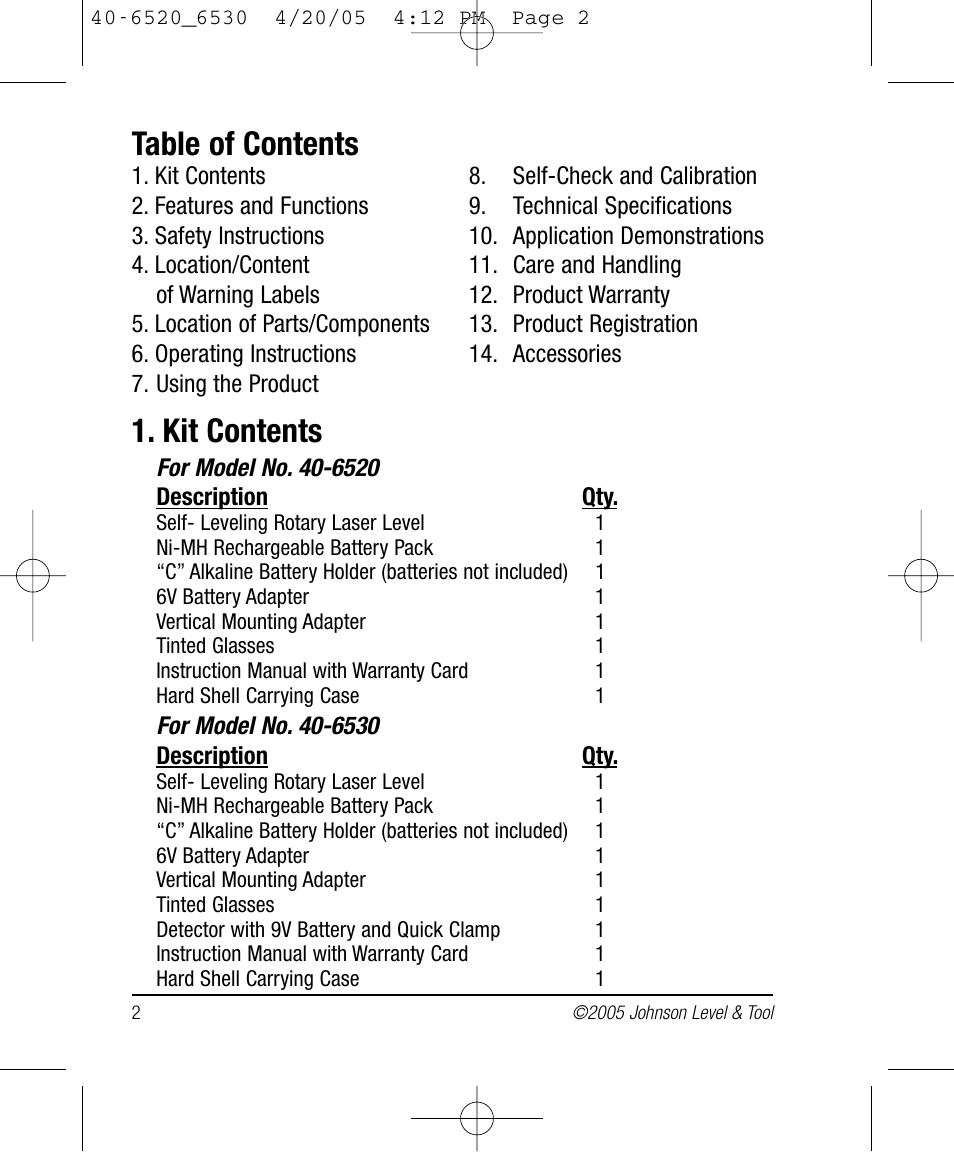 Johnson Level & Tool Mfg. 40-6530 User Manual | Page 2 / 21
