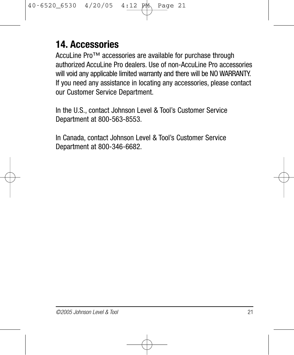 Accessories | Johnson Level & Tool Mfg. 40-6530 User Manual | Page 21 / 21