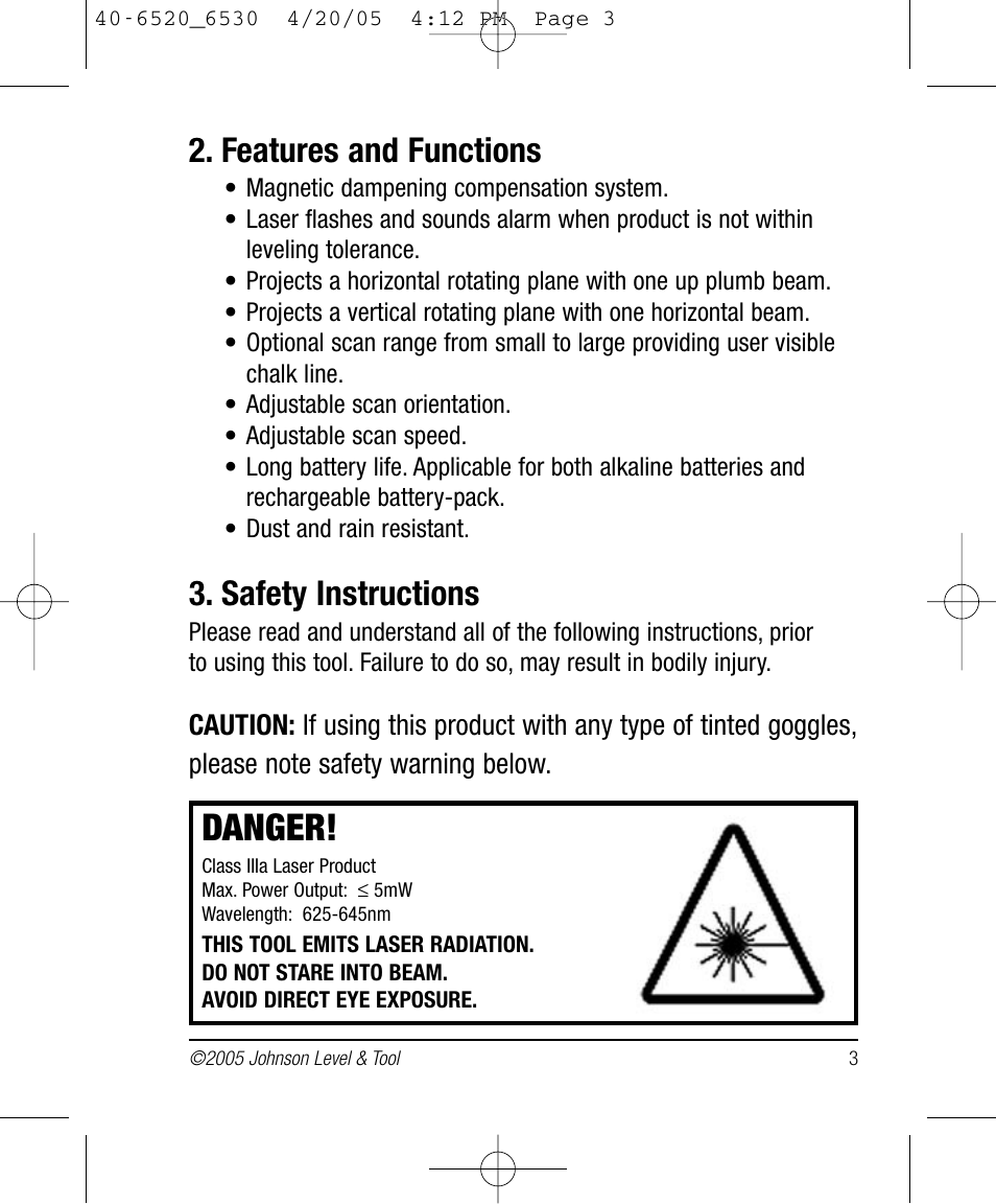 Danger, Features and functions, Safety instructions | Johnson Level & Tool Mfg. 40-6530 User Manual | Page 3 / 21