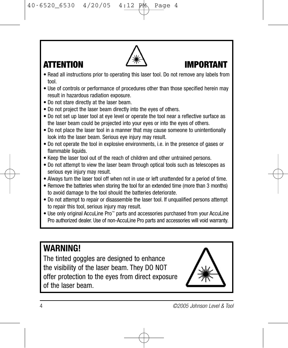 Warning, Attention important | Johnson Level & Tool Mfg. 40-6530 User Manual | Page 4 / 21