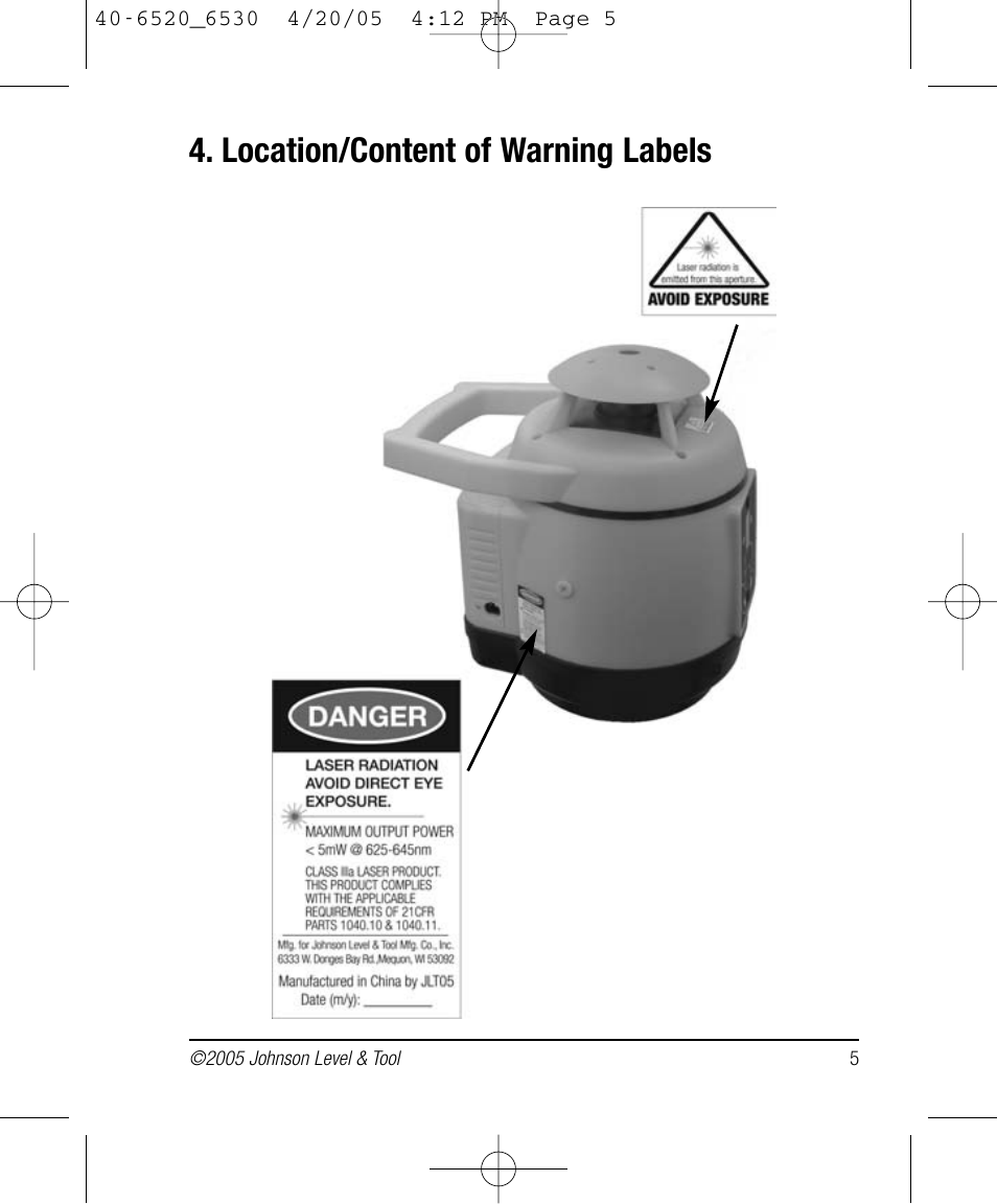 Location/content of warning labels | Johnson Level & Tool Mfg. 40-6530 User Manual | Page 5 / 21