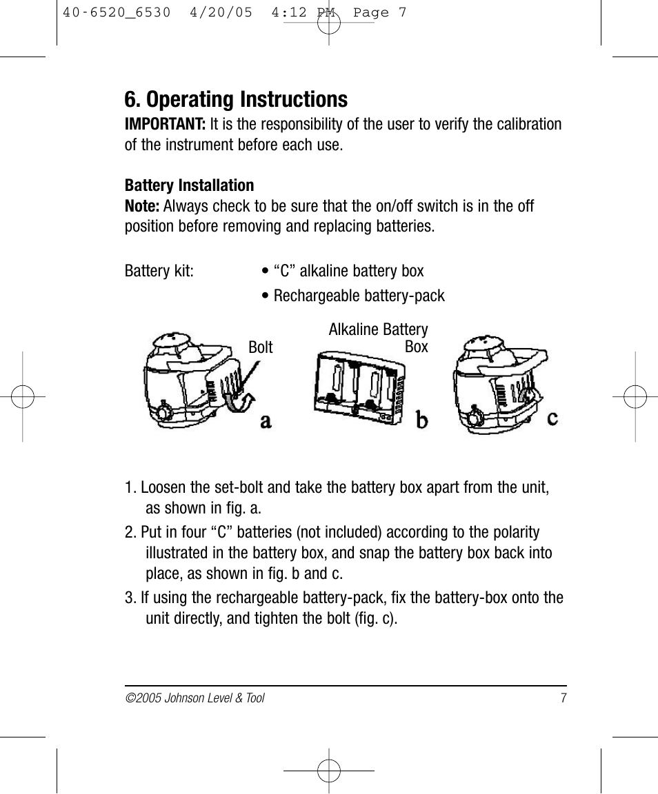 Operating instructions | Johnson Level & Tool Mfg. 40-6530 User Manual | Page 7 / 21