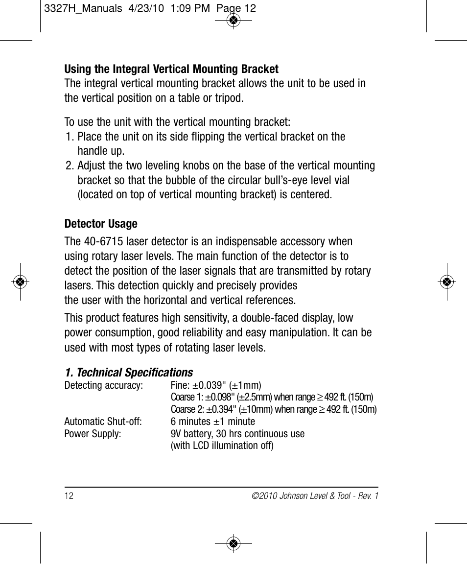 Johnson Level & Tool Mfg. 40-6522 User Manual | Page 12 / 26