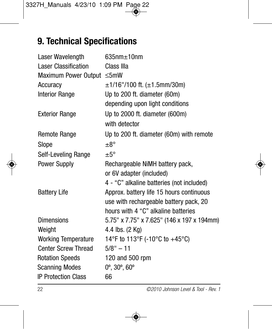 Technical specifications | Johnson Level & Tool Mfg. 40-6522 User Manual | Page 22 / 26