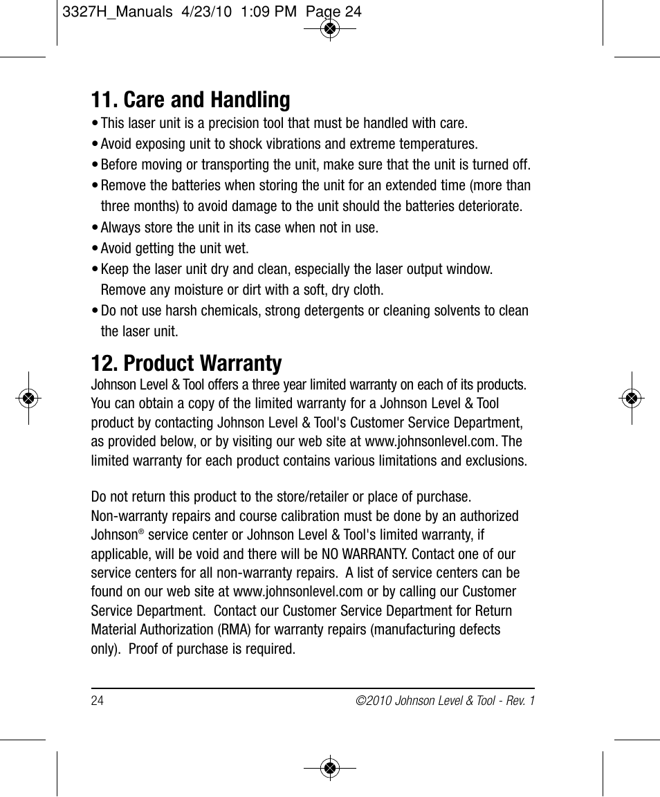 Care and handling, Product warranty | Johnson Level & Tool Mfg. 40-6522 User Manual | Page 24 / 26