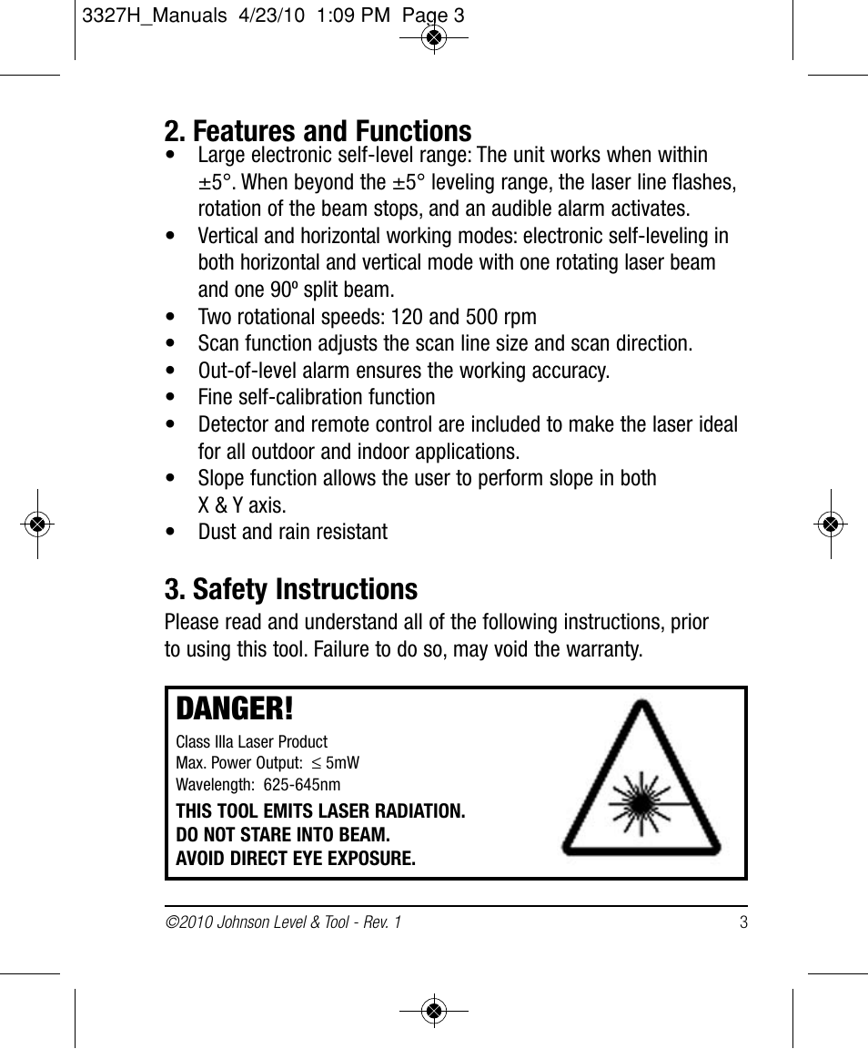 Danger, Features and functions, Safety instructions | Johnson Level & Tool Mfg. 40-6522 User Manual | Page 3 / 26