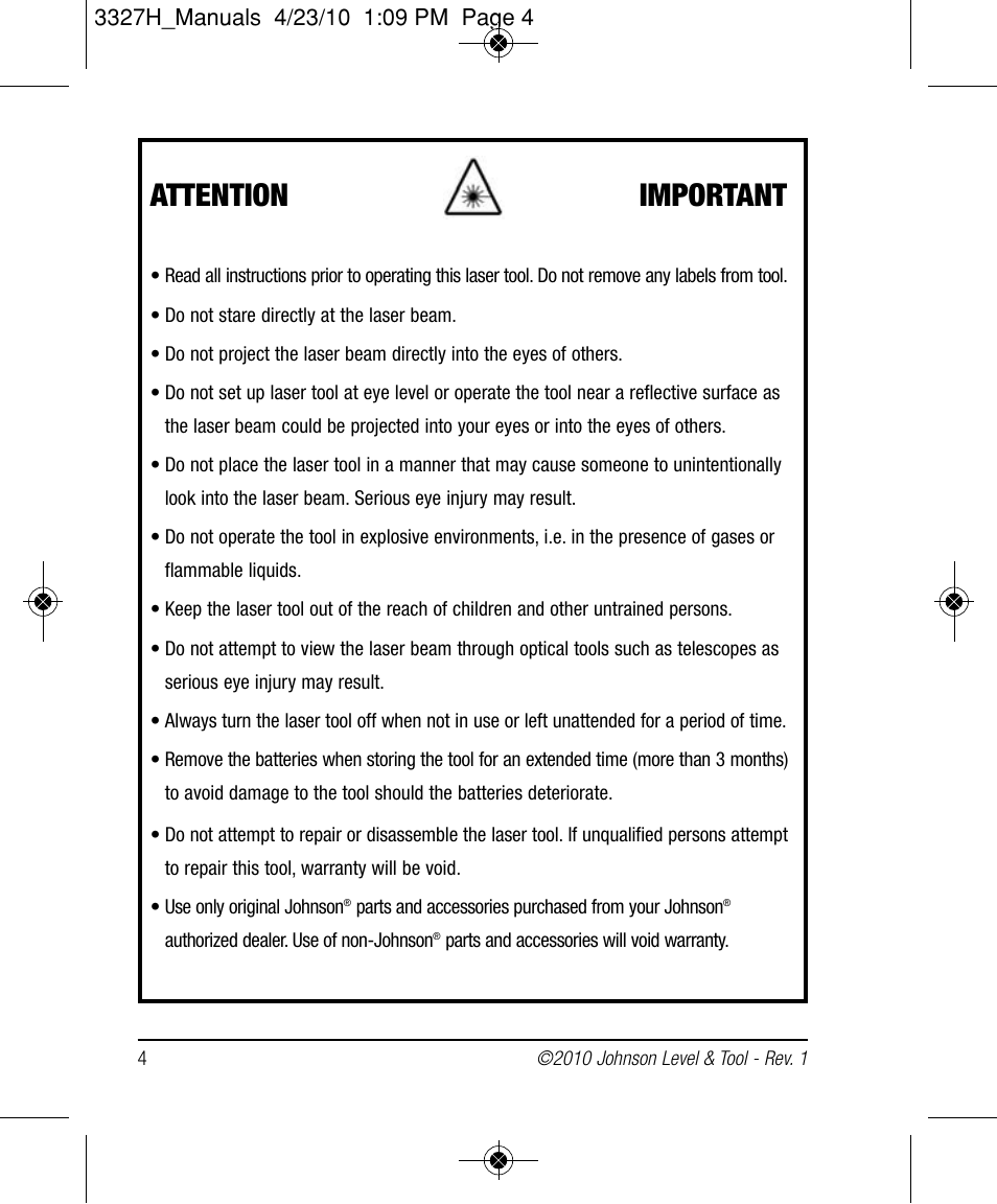 Attention important | Johnson Level & Tool Mfg. 40-6522 User Manual | Page 4 / 26