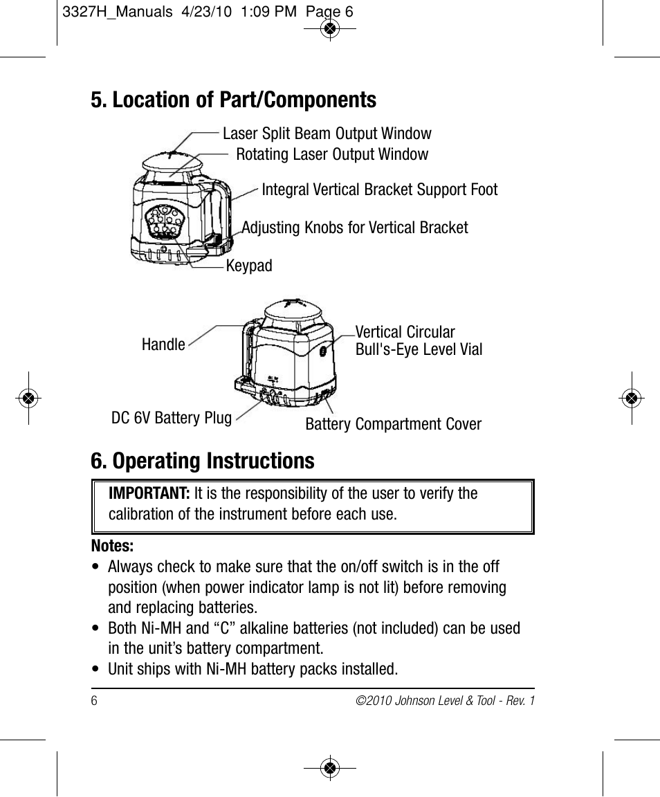 Operating instructions, Location of part/components | Johnson Level & Tool Mfg. 40-6522 User Manual | Page 6 / 26