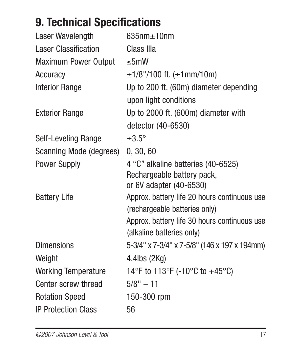 Technical specifications | Johnson Level & Tool Mfg. 40-6530 User Manual | Page 17 / 21