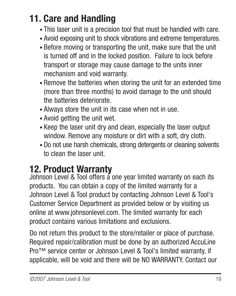 Care and handling, Product warranty | Johnson Level & Tool Mfg. 40-6530 User Manual | Page 19 / 21