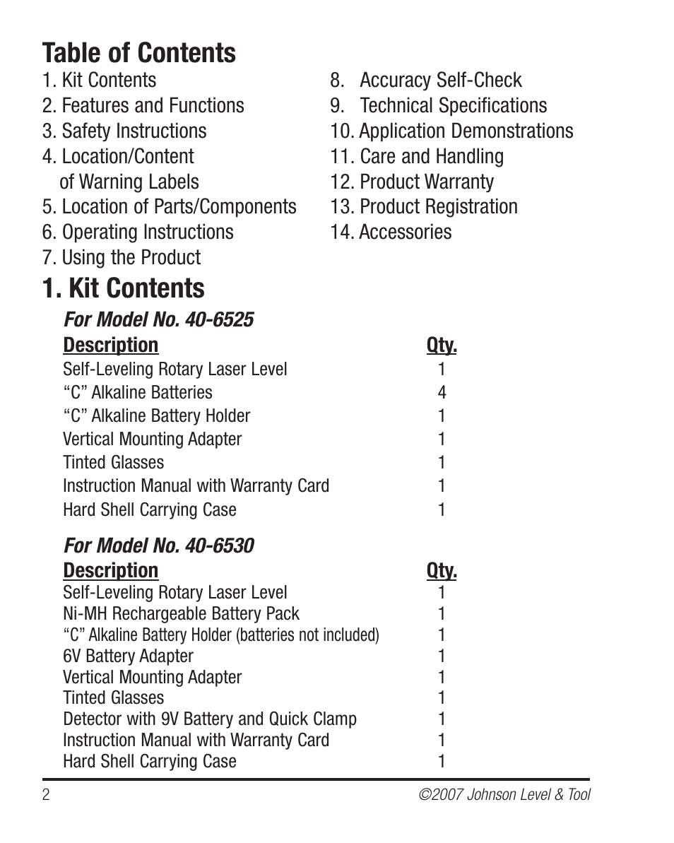 Johnson Level & Tool Mfg. 40-6530 User Manual | Page 2 / 21