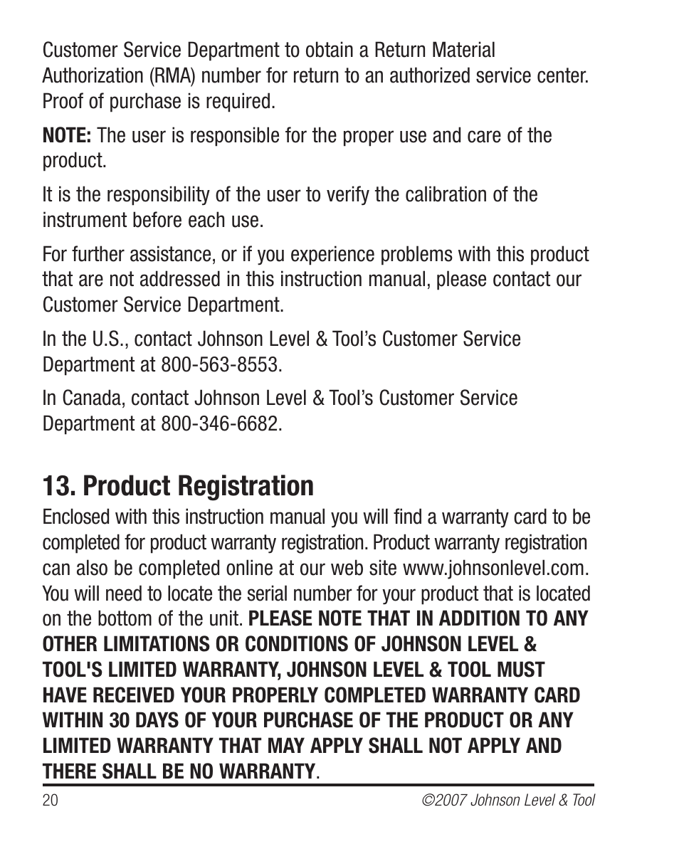 Product registration | Johnson Level & Tool Mfg. 40-6530 User Manual | Page 20 / 21
