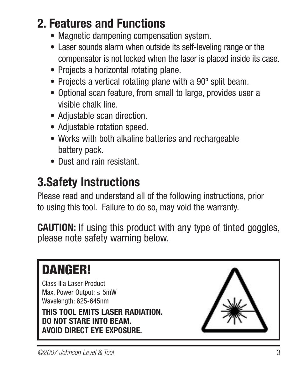 Danger, Features and functions, Safety instructions | Johnson Level & Tool Mfg. 40-6530 User Manual | Page 3 / 21