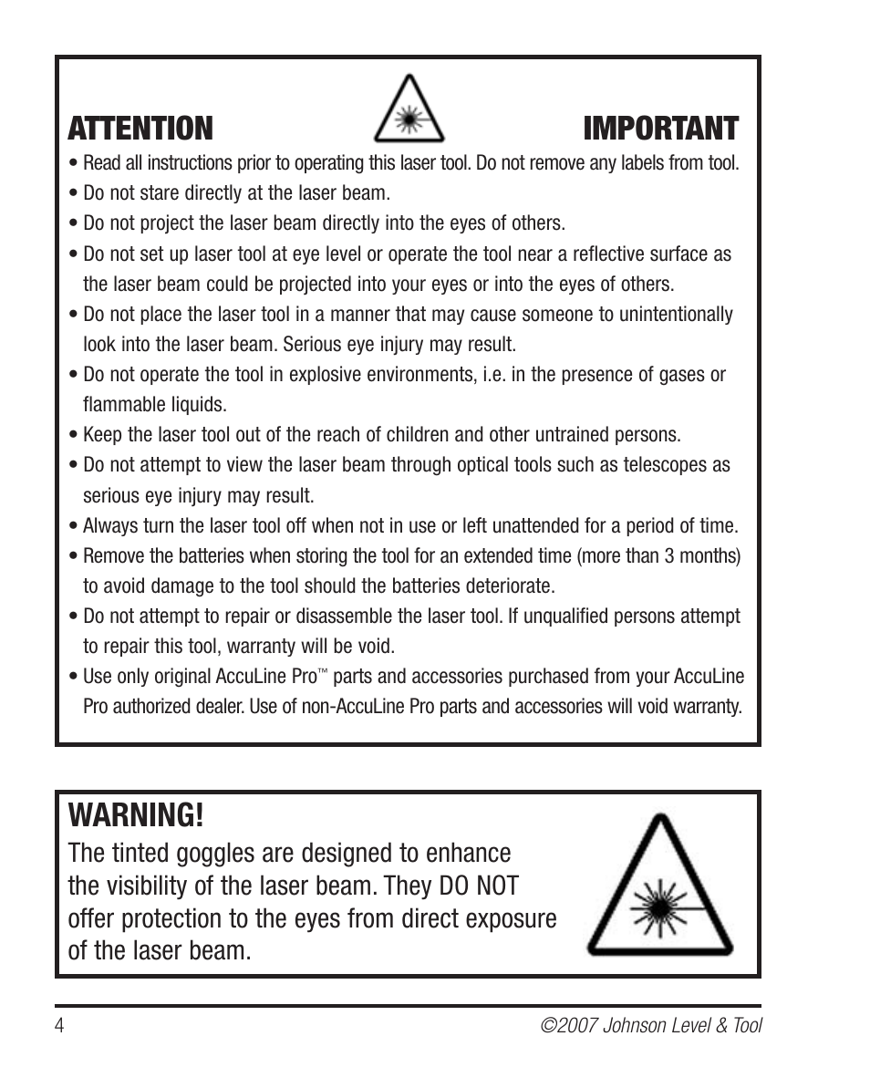 Warning, Attention important | Johnson Level & Tool Mfg. 40-6530 User Manual | Page 4 / 21