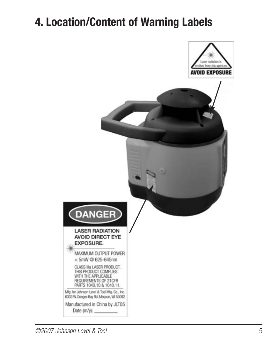 Location/content of warning labels | Johnson Level & Tool Mfg. 40-6530 User Manual | Page 5 / 21