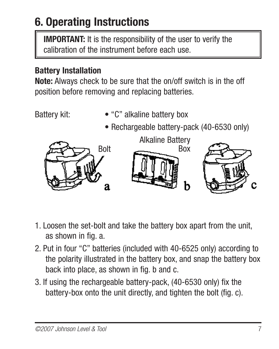 Operating instructions | Johnson Level & Tool Mfg. 40-6530 User Manual | Page 7 / 21