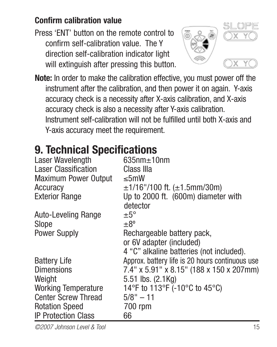 Technical specifications | Johnson Level & Tool Mfg. 40-6535 User Manual | Page 15 / 20