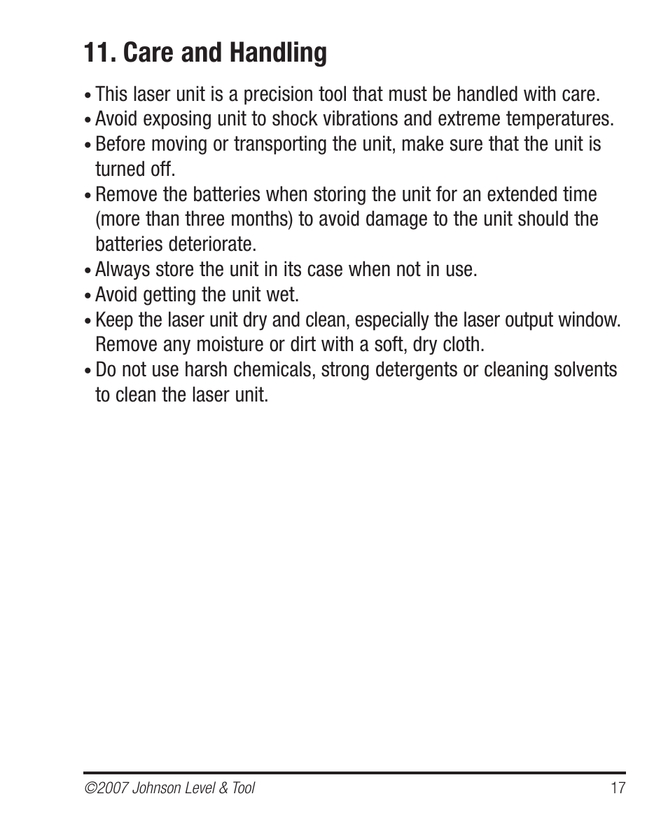 Care and handling | Johnson Level & Tool Mfg. 40-6535 User Manual | Page 17 / 20