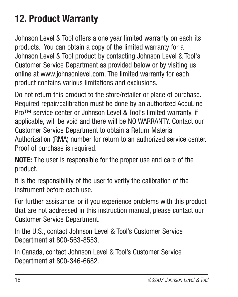 Product warranty | Johnson Level & Tool Mfg. 40-6535 User Manual | Page 18 / 20