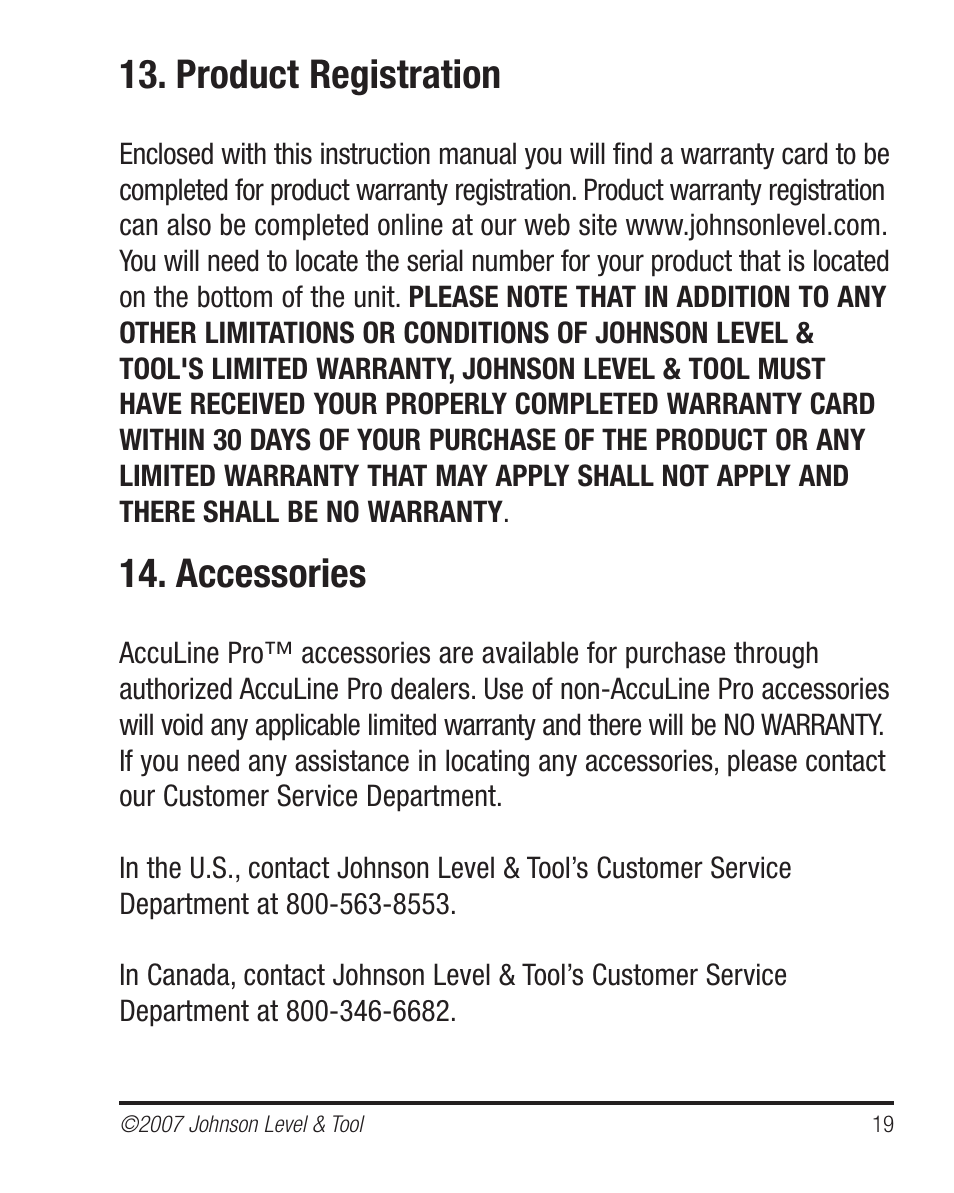 Product registration, Accessories | Johnson Level & Tool Mfg. 40-6535 User Manual | Page 19 / 20