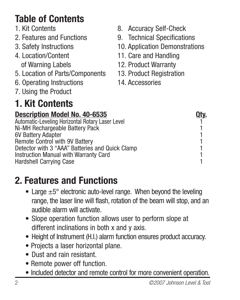 Johnson Level & Tool Mfg. 40-6535 User Manual | Page 2 / 20