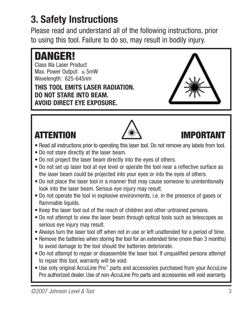 Danger, Safety instructions, Attention important | Johnson Level & Tool Mfg. 40-6535 User Manual | Page 3 / 20
