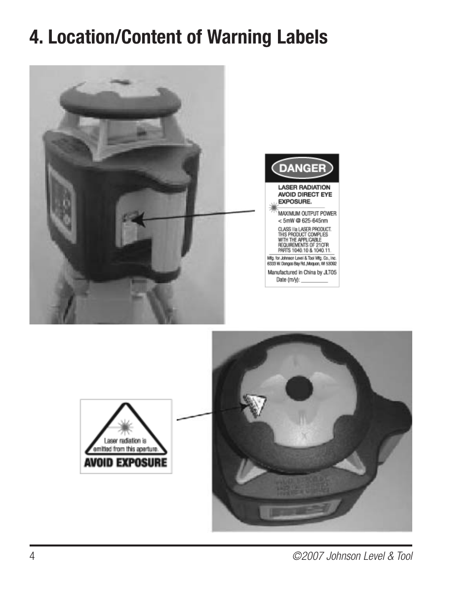 Location/content of warning labels | Johnson Level & Tool Mfg. 40-6535 User Manual | Page 4 / 20
