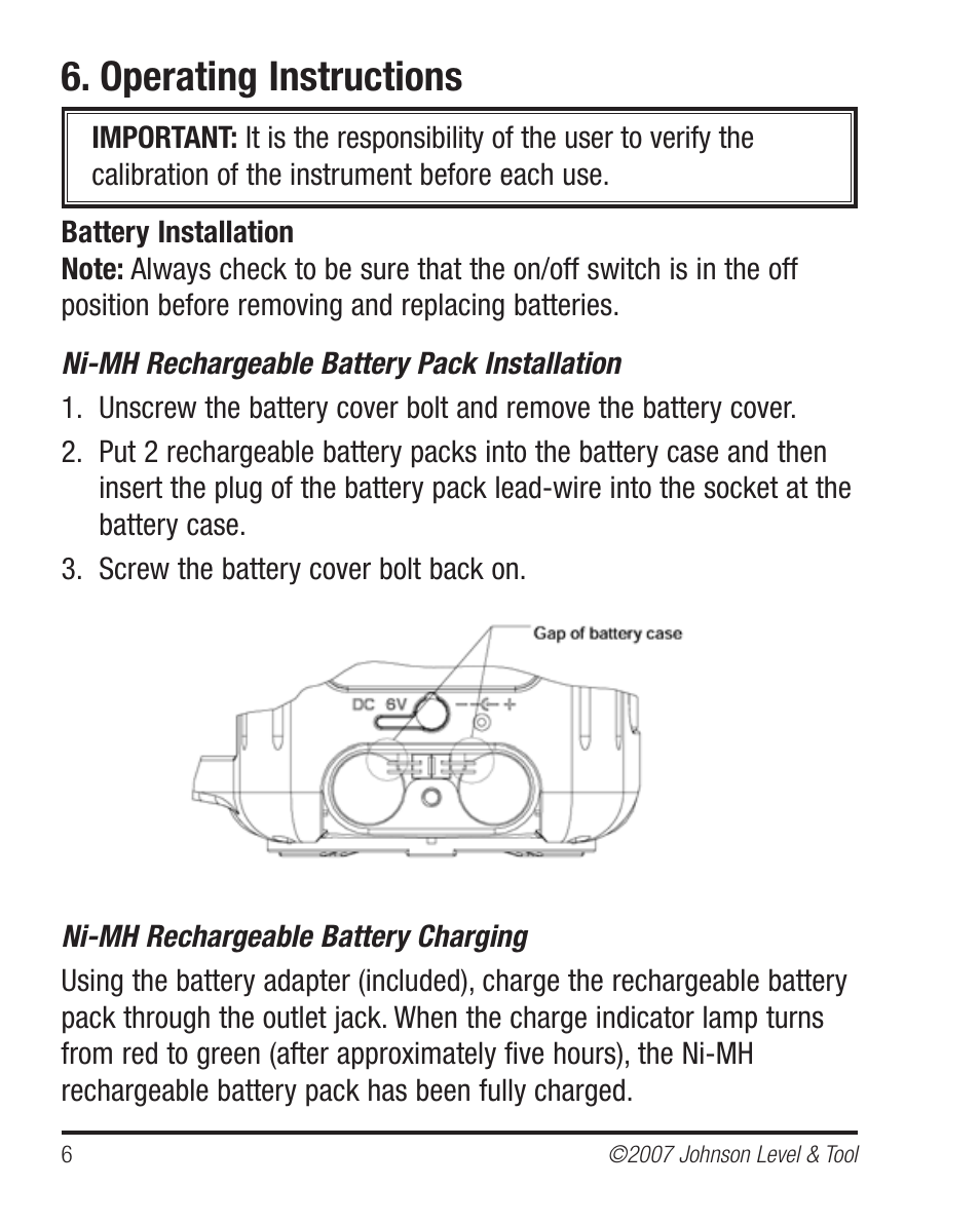 Operating instructions | Johnson Level & Tool Mfg. 40-6535 User Manual | Page 6 / 20