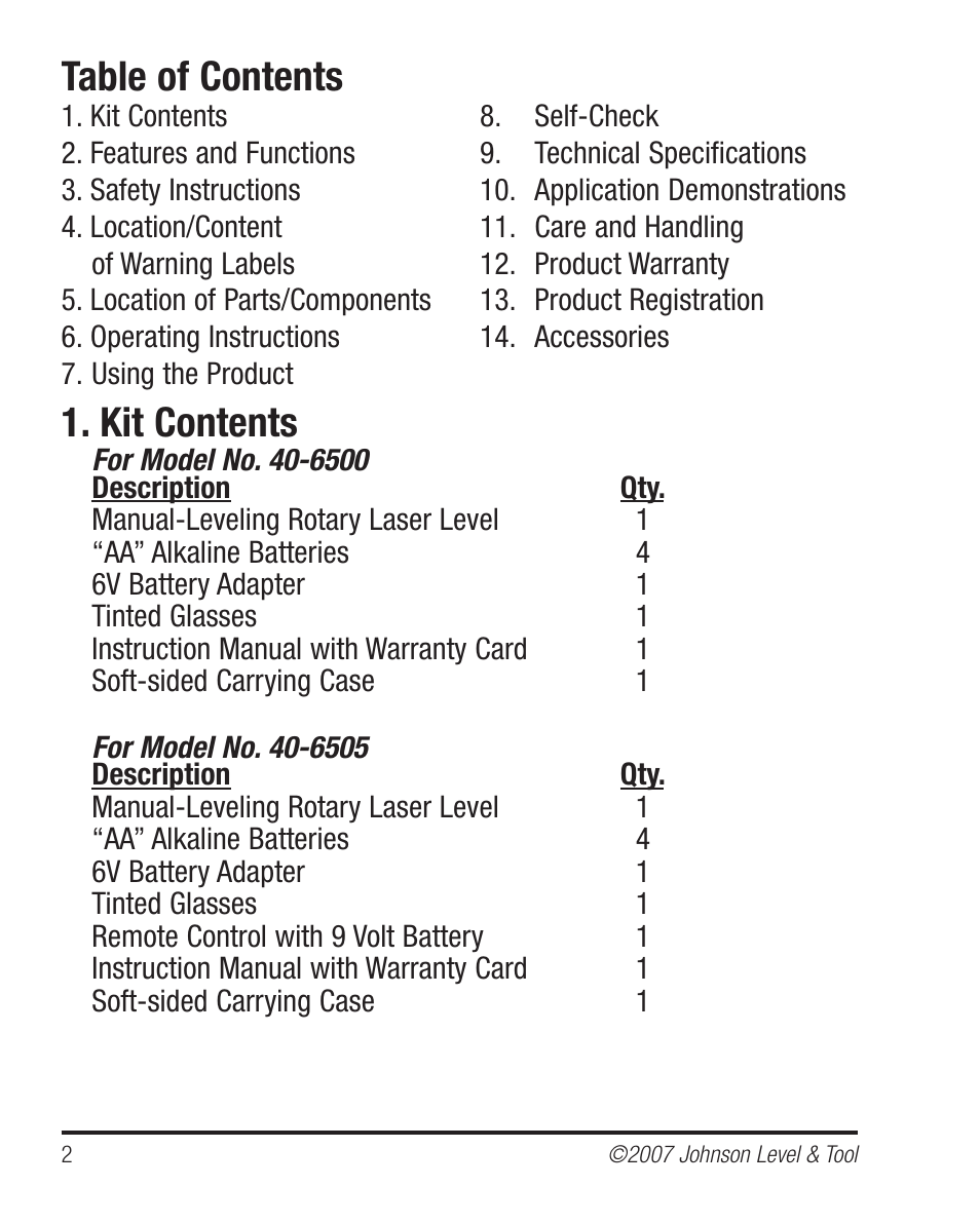Johnson Level & Tool Mfg. 40-6510 User Manual | Page 2 / 24